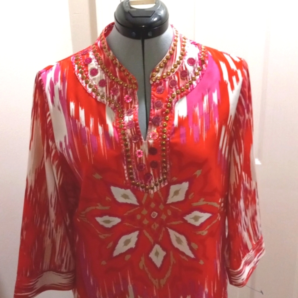 Chicos Sz 0,(4/6) Red/plum, Studded,Embellished, VNeck Tunic